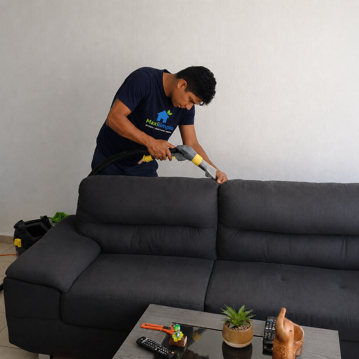 Persona usando máquina de limpieza en un sofá gris oscuro en una sala.